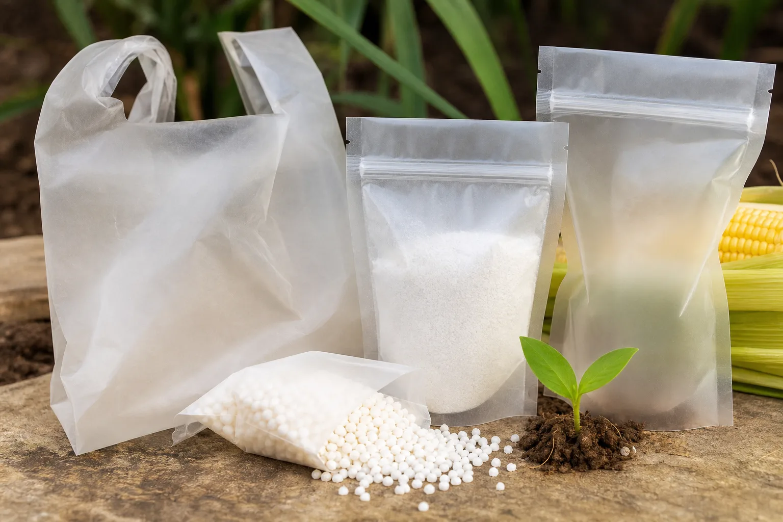 Biodegradable plastic alternatives and compostable packaging pouches made from corn-starch bioplastic