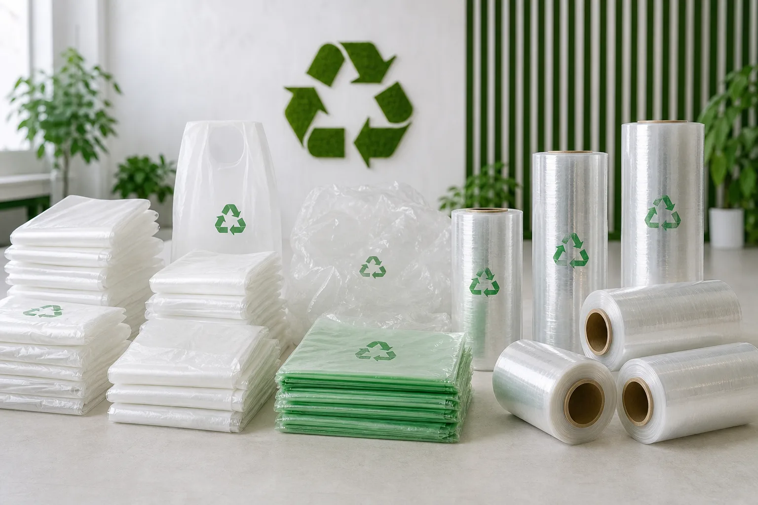 Recyclable LDPE and polypropylene packaging bags and film rolls sorted for a circular economy